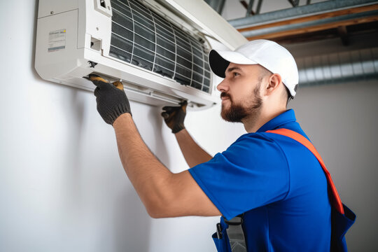 HVAC technician installing a mini split air conditioner in Mountain View
