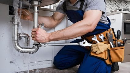 Plumber repairing pipes beneath a sink in Mountain View